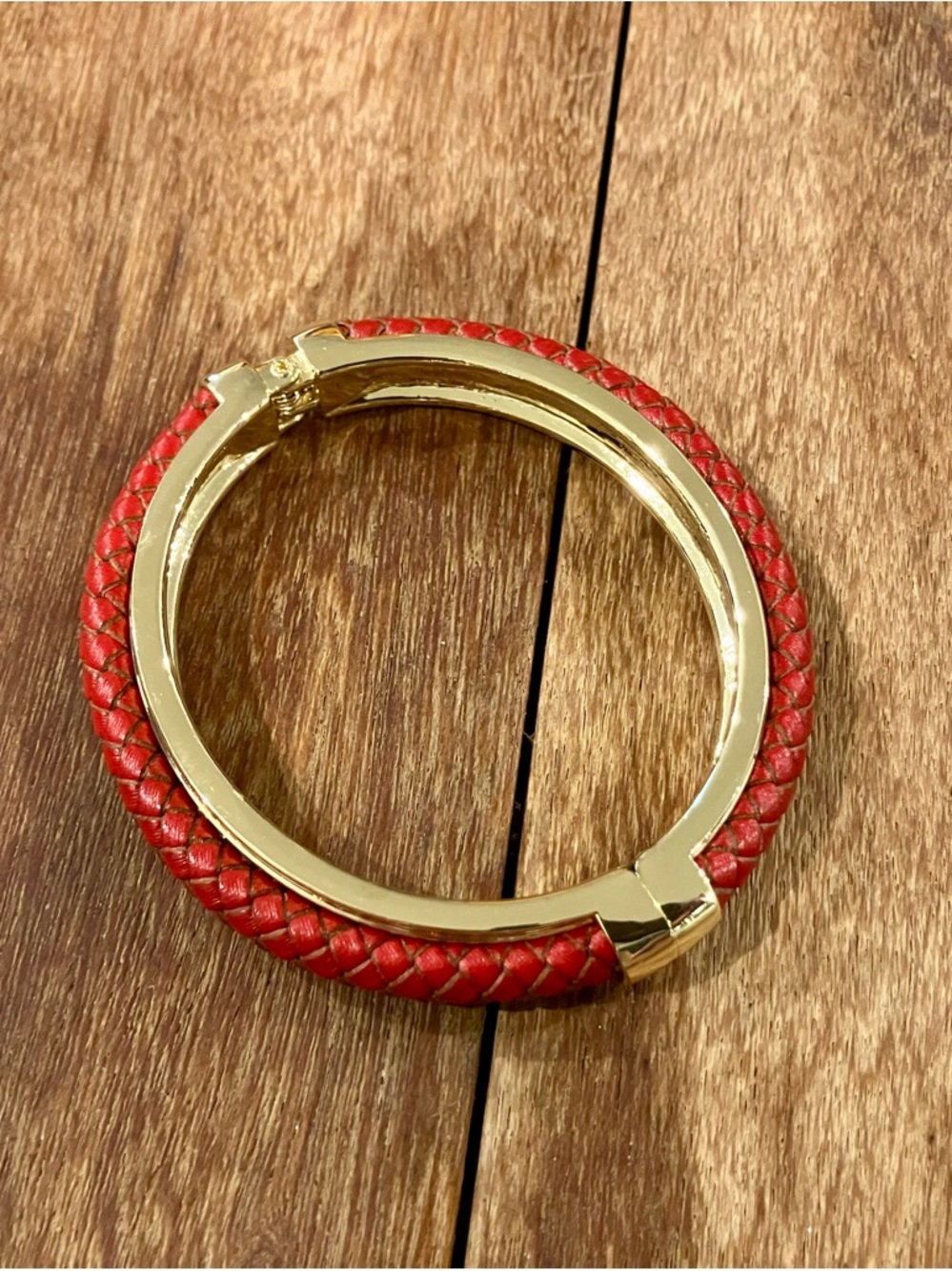 Red Braided Leather and Gold Hinged Bracelet